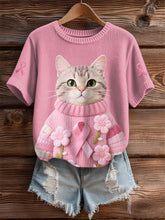 T-shirt Décontracté Femme Chat Rose Ruban Imprimé
